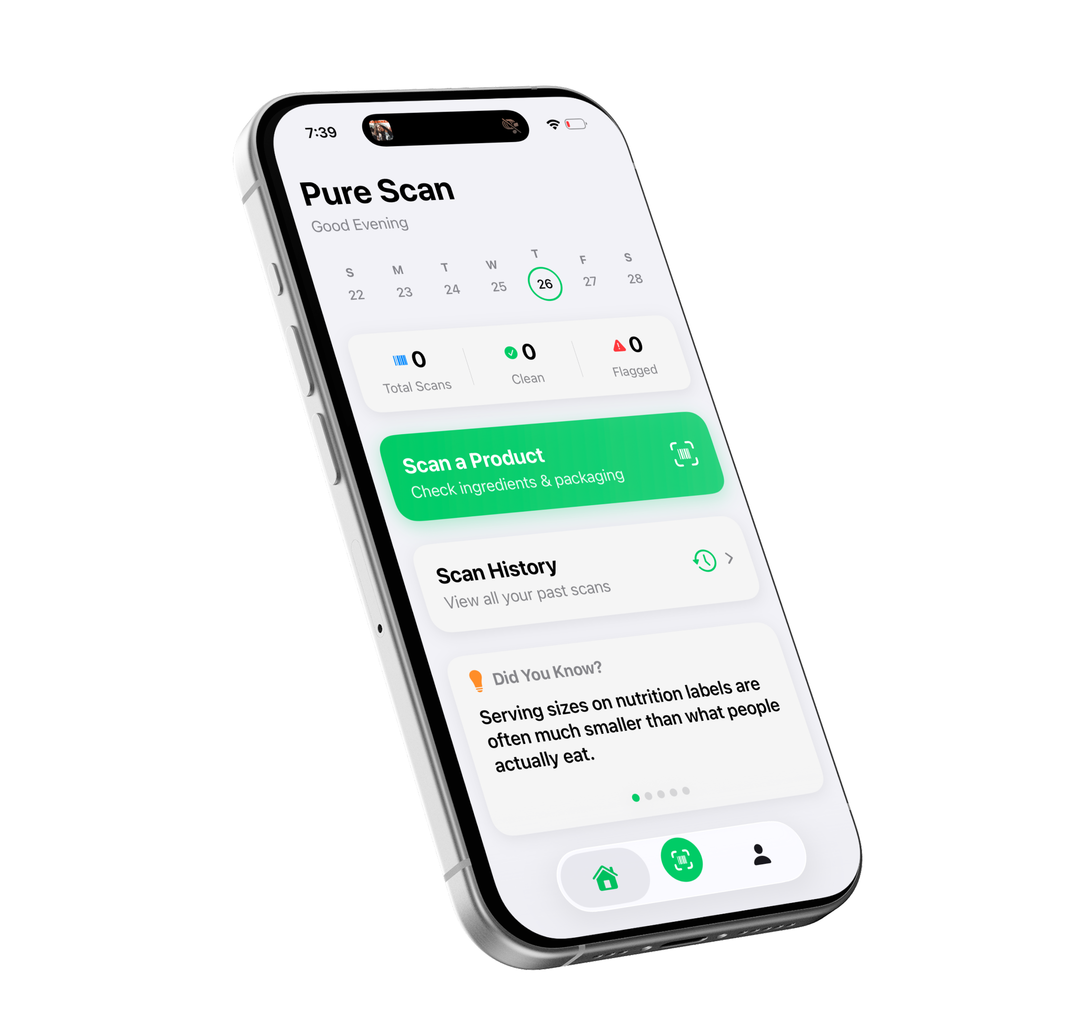 Pure Scan App Home Profile Interface